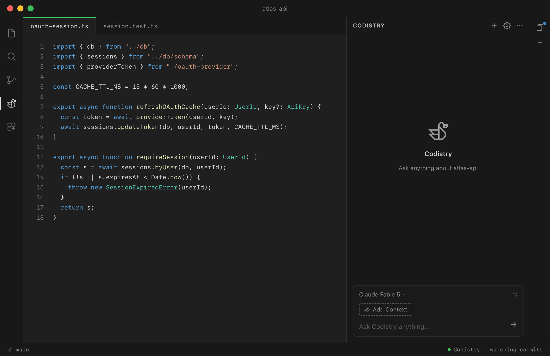 VS Code with the Codistry panel open on a fresh session: oauth-session.ts in the editor and the Codistry welcome screen in the chat, ready to be asked